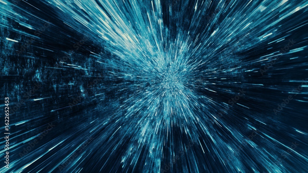 Poster abstract blue light streaks radiating from central point, creating a sense of speed and movement.