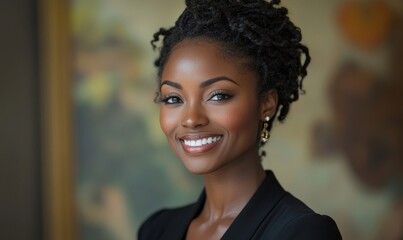 Portrait of a smiling black businessman, embodying success and accomplishment in the corporate world, with a focus on inclusive workplace representation, Generative AI