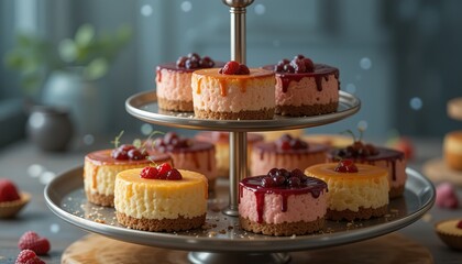 Tiered platter of mini cheesecakes topped with strawberries, blueberries and raspberries. For advertising, covers, culinary and holiday projects
