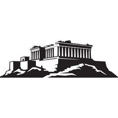 Black and white silhouette of the parthenon on transparent background