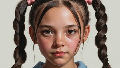 Portrait of a girl with braids and cute bows. Ideal for children's covers and advertising materials.