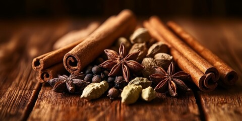 Aromatic Spices on Rustic Wooden Surface Cinnamon Sticks, Star Anise, and Cardamom Pods for Cooking