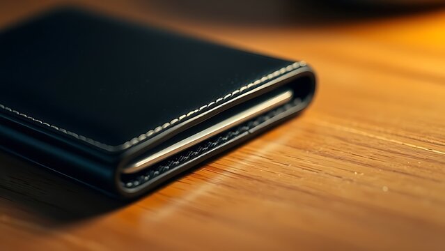 A sleek wallet lies on a wooden surface, highlighted by warm ambient lighting in a minimalist setting.