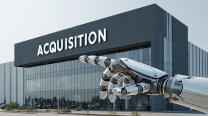 Leveraged Buyout (LBO) concept illustrated by a robotic hand pointing toward a modern building labeled "ACQUISITION" symbolizing strategic control through financial leverage and tech-driven investment