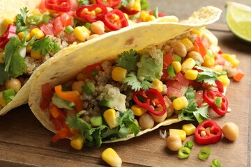 Tasty vegetarian tacos with chickpeas, corn and quinoa served on wooden table, closeup