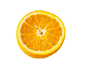 A ripe orange cut in half on a white background