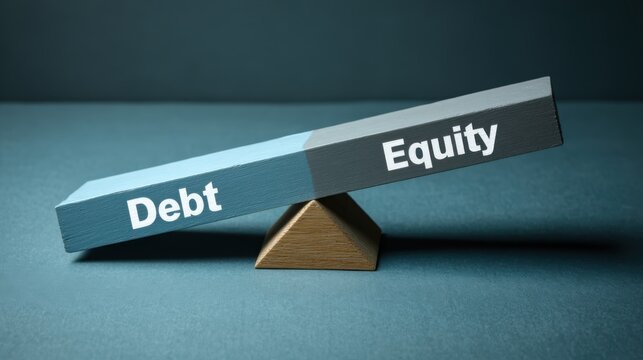 Leveraged Buyout (LBO) concept shown through a tilted scale, with "DEBT" weighing down and "EQUITY" lifted, symbolizing heavy reliance on borrowed capital over own equity in corporate acquisitions.