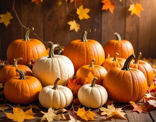 Pumpkins and autumn leaves on wooden surface (2)