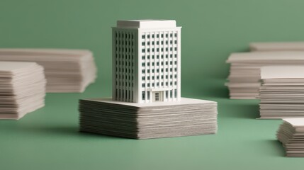 A miniature paper building stands atop stacks of paper, symbolizing architecture and the concept of construction in a creative, minimalist presentation.