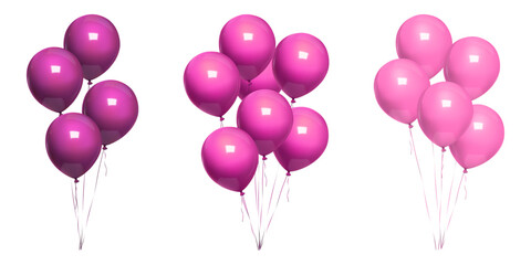 Pink balloon bday bunch, 3d birthday violet balls float ribbon. Purple minimal vector balons on thin string, happy anniversary party decor mockup. Air helium inflated bound event congratulation gift