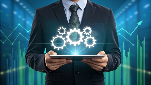 Businessman holding tablet with glowing gears and data charts