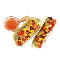 Tasty vegetarian tacos with beans, tofu, vegetables and sauce isolated on white, top view