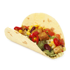 Tasty vegetarian taco with beans, tofu, vegetables and guacamole isolated on white