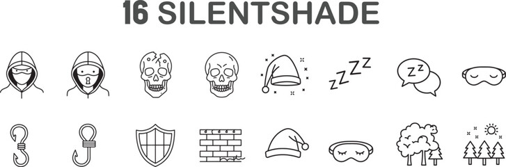 Fototapeta premium Sixteen black and white line icons depicting sleep crime and natural elements