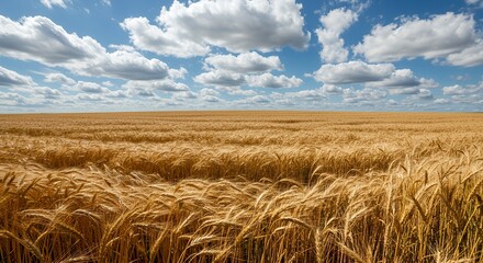 Expansive wheat field under a bright blue sky filled with puffy white clouds