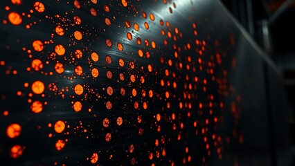 Glowing orange patterns dance across an industrial metal surface, creating an abstract play of light and shadow.