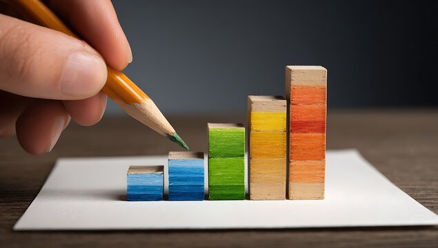 Hand drawing a colorful bar graph with a pencil.