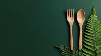 Wooden fork and spoon on dark green background with fern