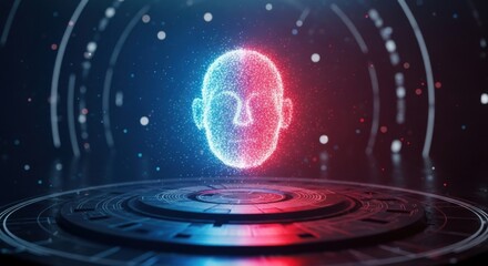 Glowing digital human head made of particles, representing technology