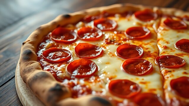 Close-up view of a pepperoni pizza with melted cheese on a rustic wooden table, evoking warmth.
