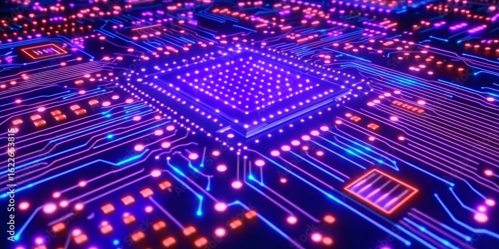 Poster futuristic circuit board design with glowing blue traces and connection points in a hi-tech backdrop
