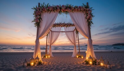 Romantic wedding arch on the beach with sunset in the background. Perfect for wedding and romantic projects.