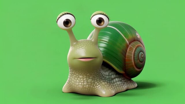 Animated snail character with big eyes on a green background