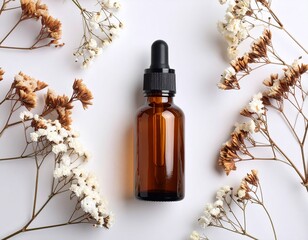 Fototapeta premium Overhead view of amber glass dropper bottle with dried flowers on white background. Minimalist, natural, and elegant, perfect for skincare, wellness, and cosmetic projects.