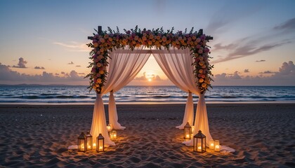 Romantic wedding arch on the beach with sunset in the background. Perfect for wedding and romantic projects.