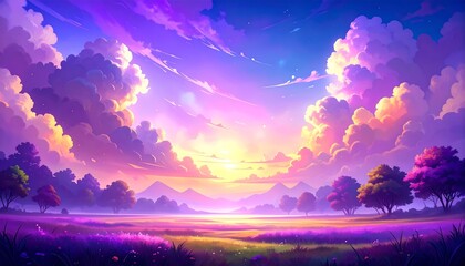 Sunset clouds over field landscape.