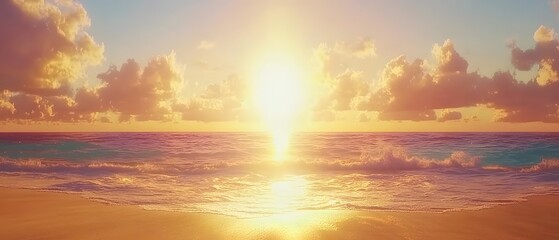 Fototapeta premium Stunning Golden Sunset over Ocean Waves Beach Scene