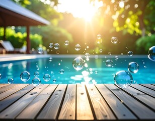 Poolside wooden deck with bubbles