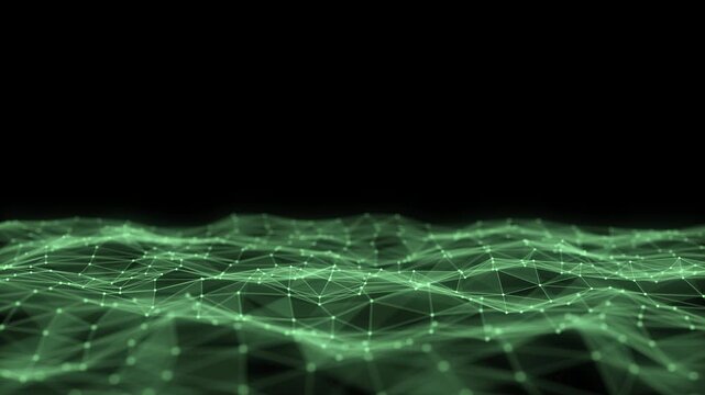 Digital technology wave. Dark cyberspace with green motion dots and lines. Futuristic digital background. Big data analytics. 3d rendering.