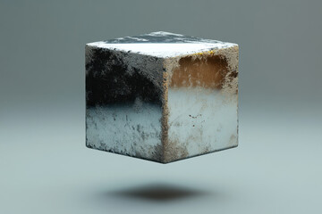 Cube covered in black and white substance.