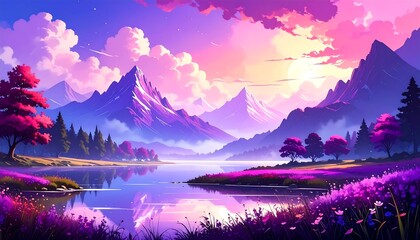 Sunset Landscape with Lake and Mountains.