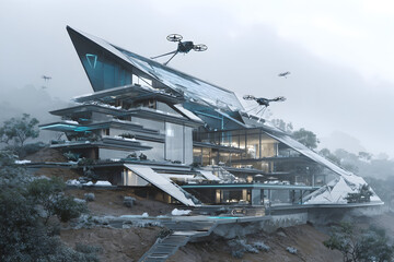 Industrial cranes load cargo ships in a busy port with snow-covered mountains in the background