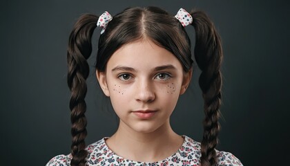 Portrait of a girl with braids and cute bows. Ideal for children's covers and advertising materials.