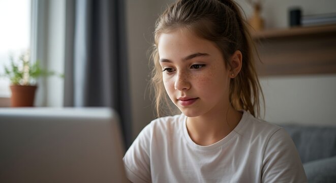 Radiant girl 12 to 14 years old glowing skin natural freckles focused on laptop soft natural light warm cozy room generative ai
