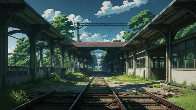 Sunlight shifting abandoned platform and tracks lying unused at rural station, with wires, weeds