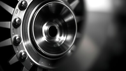 A polished metal wheel in close-up, highlighting industrial design with sleek textures and studio lighting.
