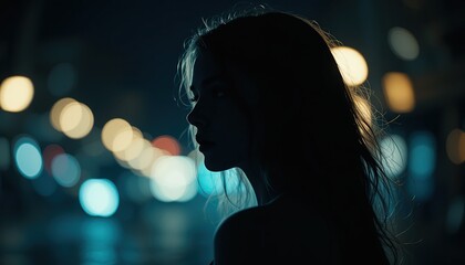 Silhouette of a girl against the backdrop of a night city, with blurred lights in the background. For advertising, design, covers