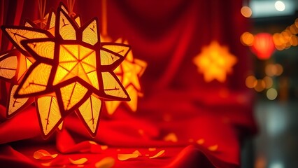 Golden star lanterns glowing against red silk, with scattered chrysanthemum petals for a festive touch.