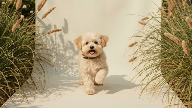 Curly dog Maltese poodle hybrid in studio photo with beige backdrop