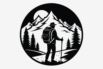 Black and White Silhouette Illustration Backpacker Hiking Amongst Mountains, Trees, and a Shining Sun