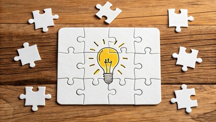 Assembled puzzle with a light bulb and scattered pieces