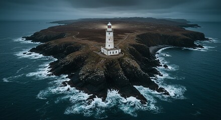 Lighthouse atop a rocky island surrounded by the ocean under an overcast sky