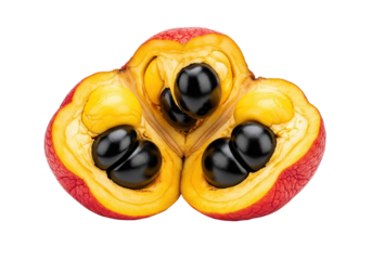 Vibrant ackee fruit sliced open revealing glossy black seeds and bright yellow arils, a tropical delicacy