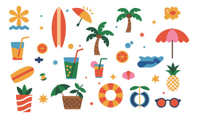 Colorful Summer Vector Icon Collection Featuring Vacation Symbols, Beach Elements, and Fun Seasonal Illustrations for Trendy Designs, Vector modern illustration, Graphic Design