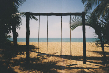 Two empty swings hanging on tropical beach under palm trees, film photo