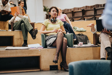 Creative environment capturing young individuals actively engaging in a brainstorming session during a business meeting, promoting teamwork and creative thinking in a stylish contemporary auditorium.